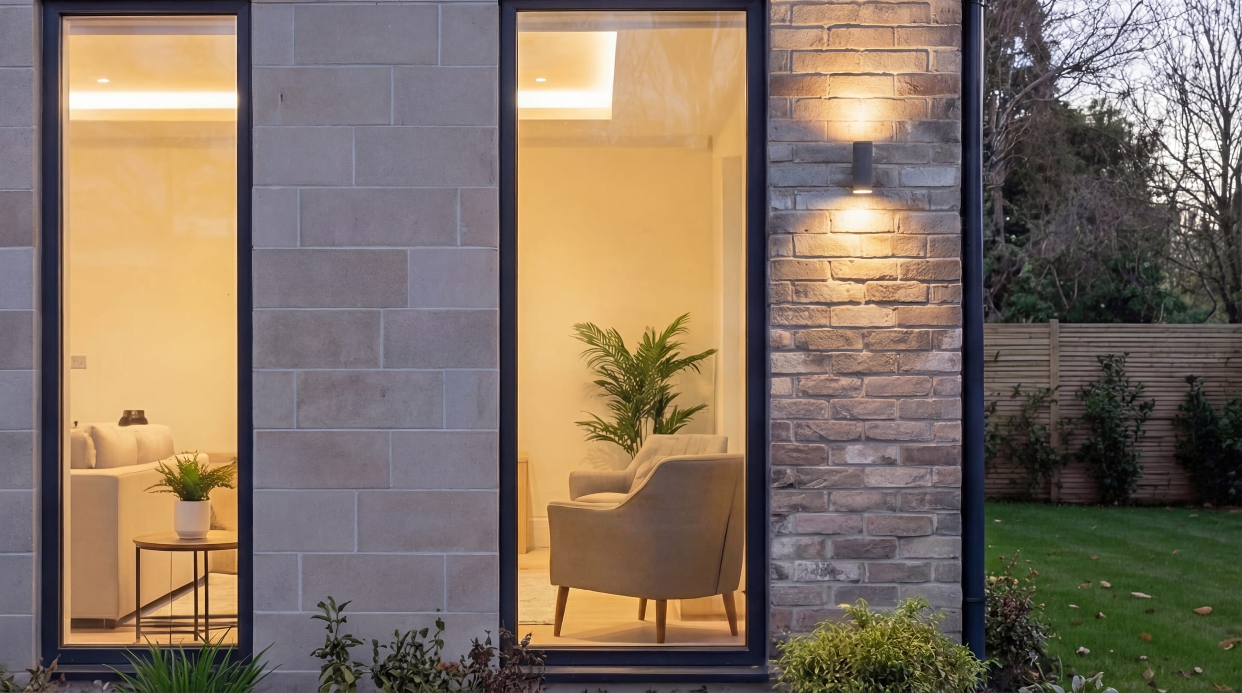 Dusk view through full-height windows of a stone-clad house showing warmly lit living spaces with armchair and potted plant