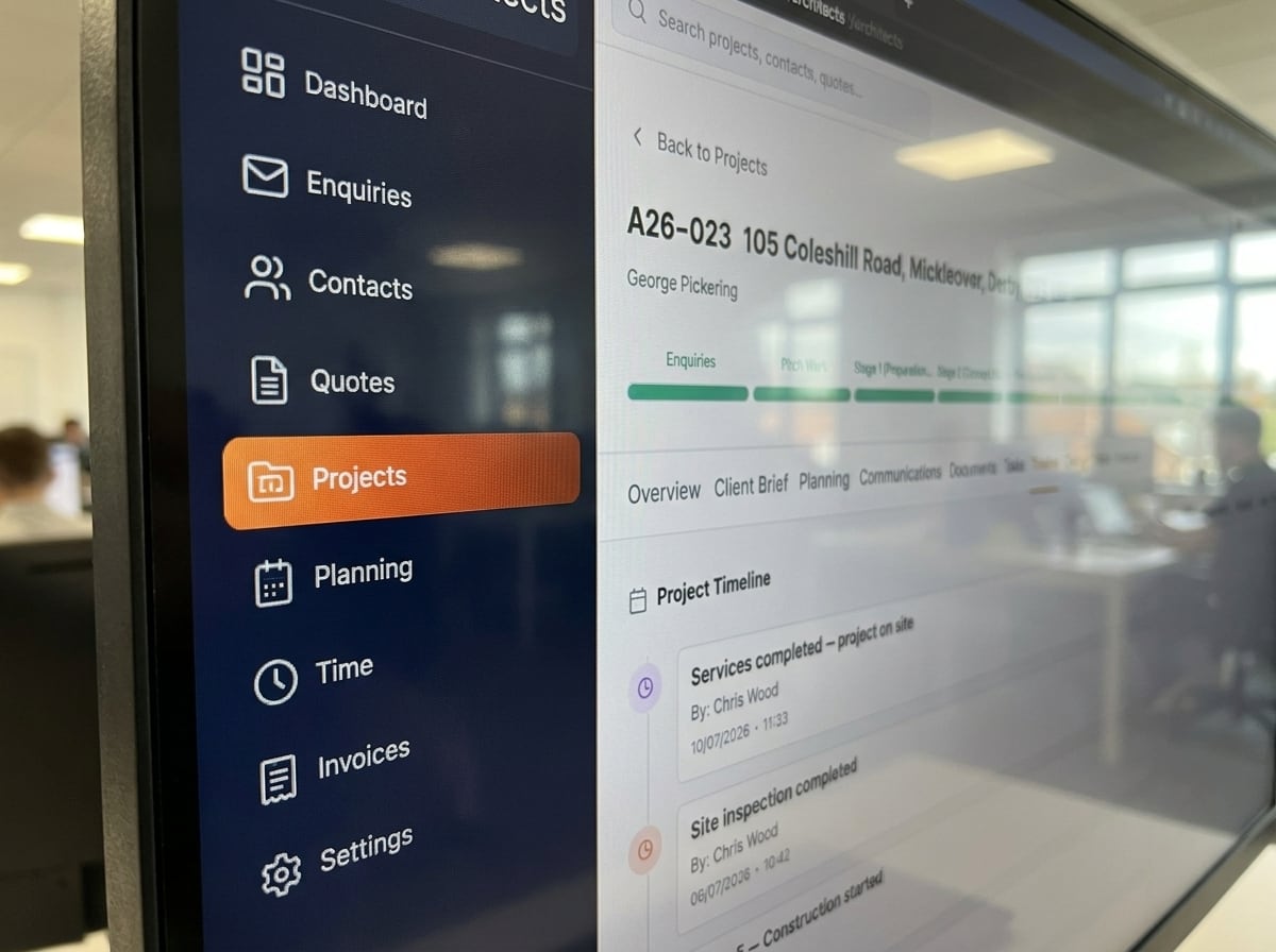 Close-up of the project dashboard showing timeline and site inspection updates