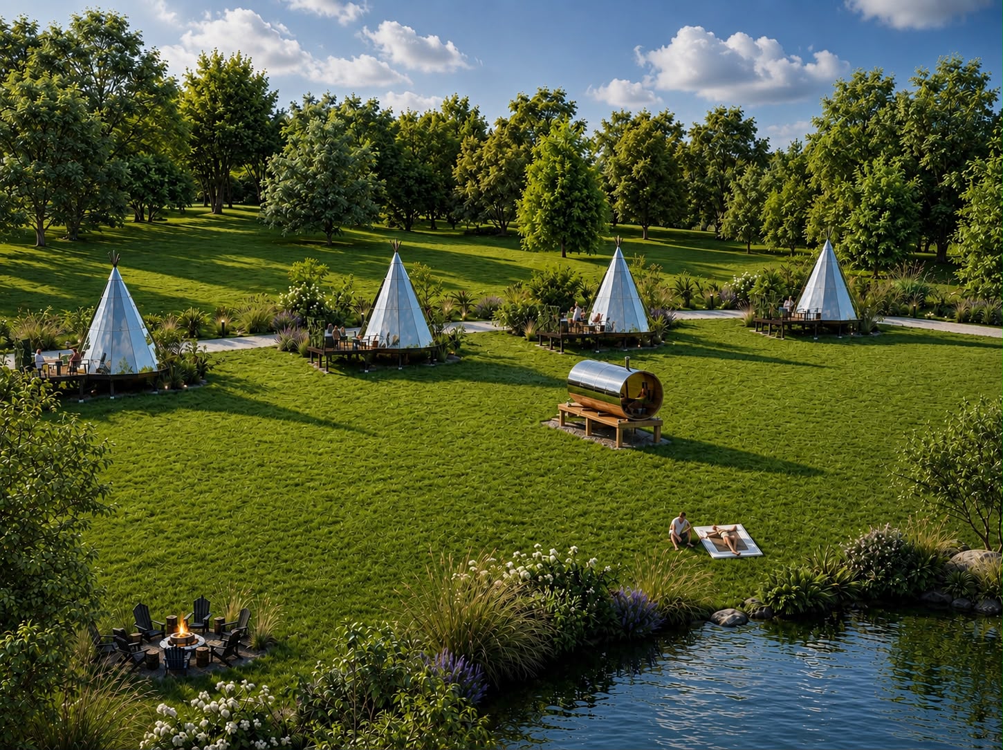 Glass tent cabins spread across the green landscape at Getaway Oasis