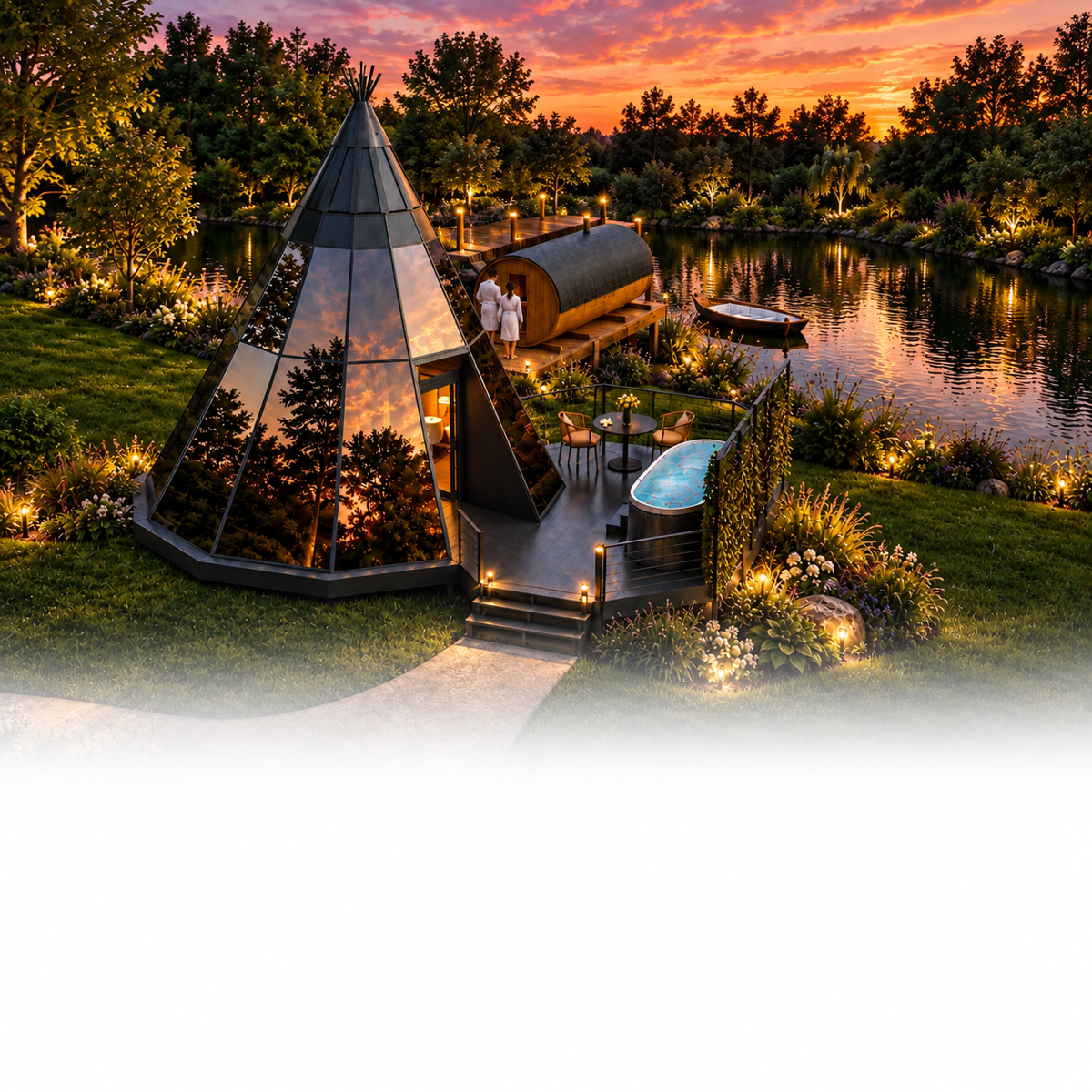 Oasis glass teepee cabin and lakeside sauna at sunset