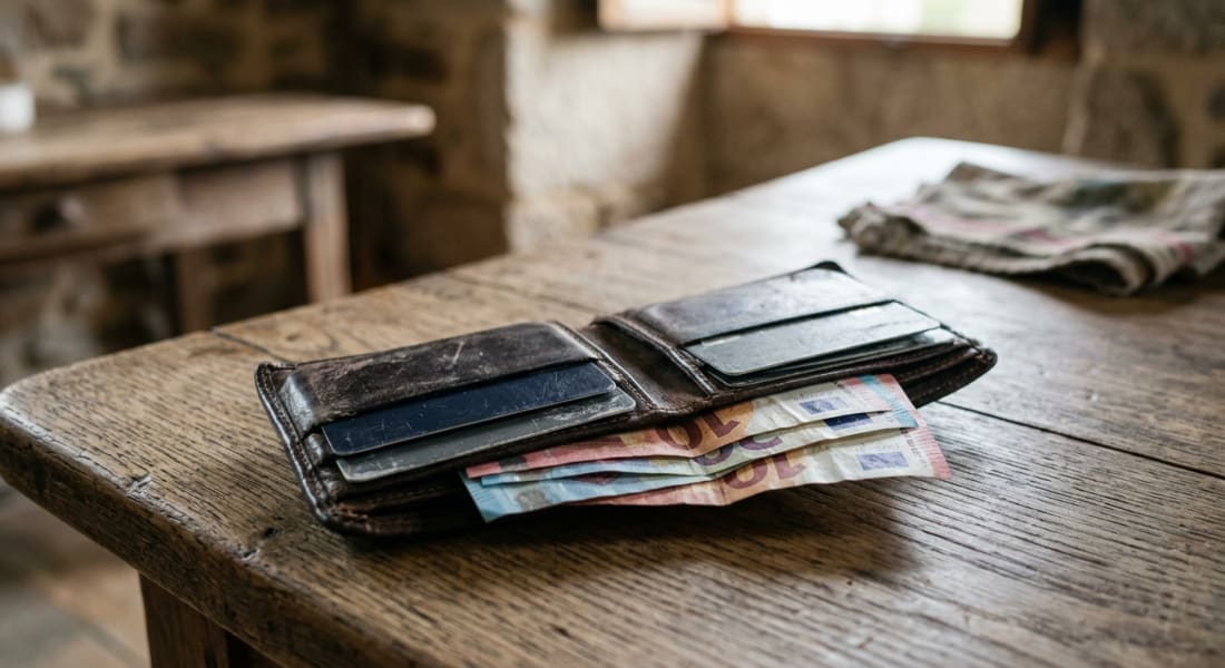 A well-worn leather wallet, euro banknotes, and credit cards are neatly arranged on a rustic wooden table.