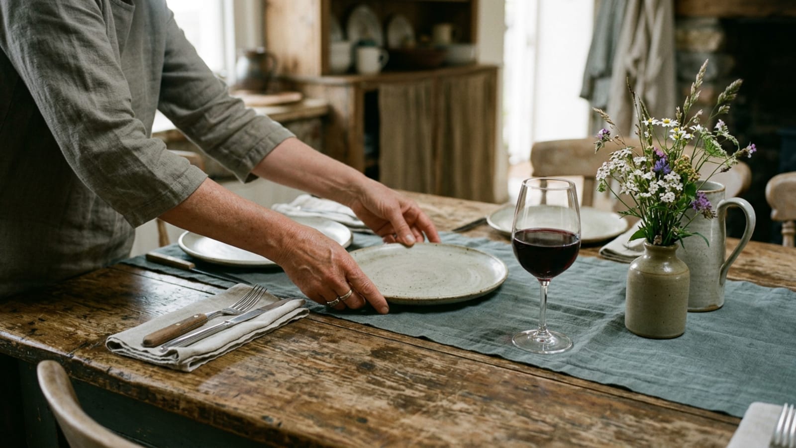 A rustic wooden table being set with ceramic plates, cutlery, a glass of red wine, and a small vase of wildflowers. Unidentifiable hands are in the process of setting the table.