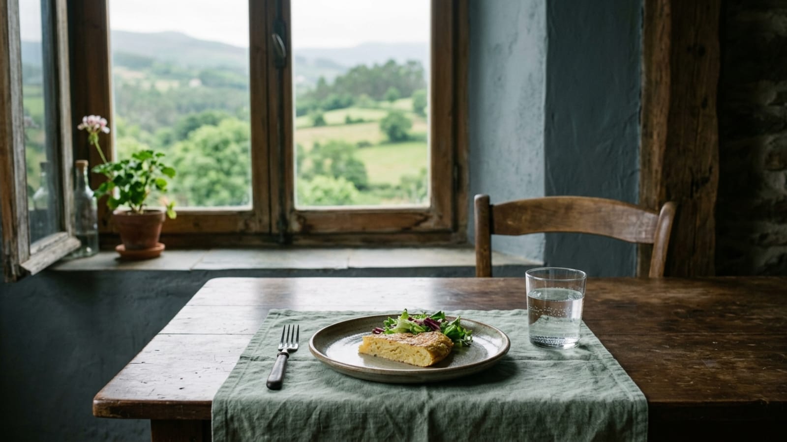 A simple wooden table set for one person, with a ceramic plate, a fork, and a glass of water. A blurred green landscape is visible through a window in the background.