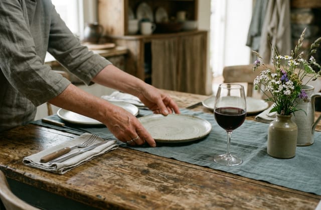 A rustic wooden table being set with ceramic plates, cutlery, a glass of red wine, and a small vase of wildflowers. Unidentifiable hands are in the process of setting the table.