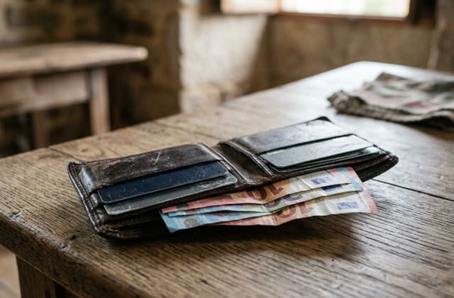 A well-worn leather wallet, euro banknotes, and credit cards are neatly arranged on a rustic wooden table.