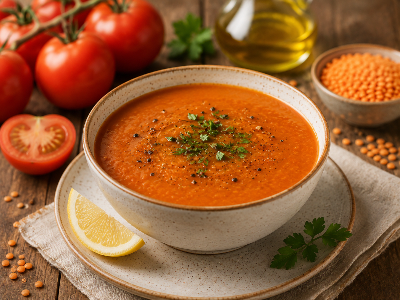 Vegan Domatesli Mercimek Çorbası