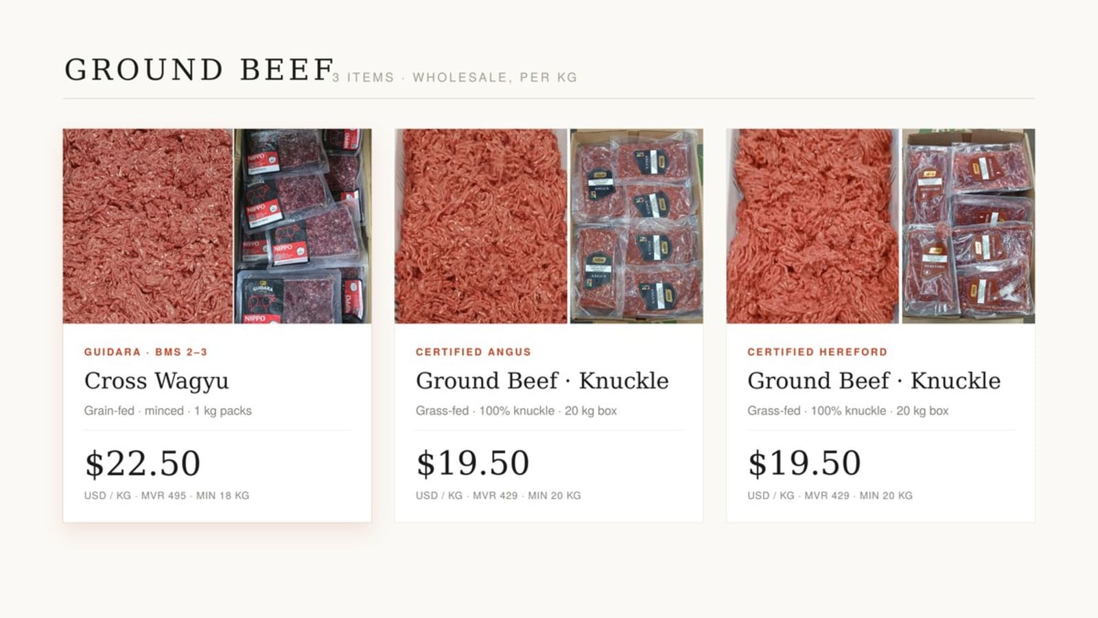 The range — Cross Wagyu, Angus, Hereford with wholesale prices