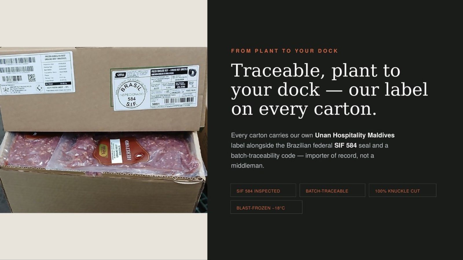 Traceable, plant to your dock — importer label on every carton