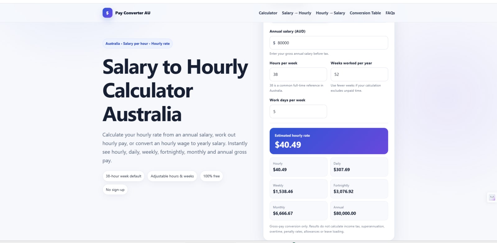 Salary to Hourly Calculator Australia screenshot on IndieTools
