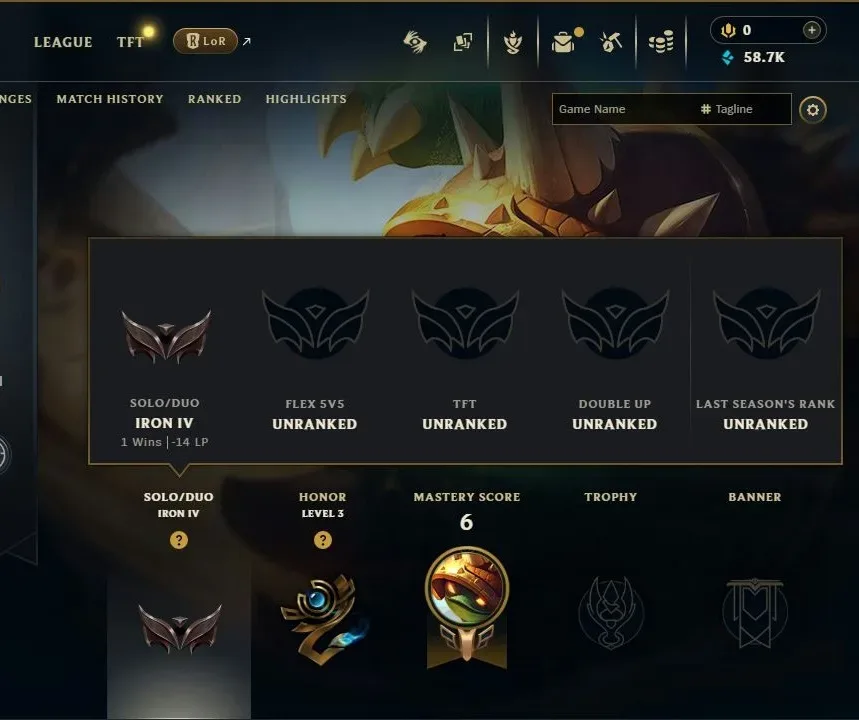 ❄️OCE❄️ IRON 4 0LP | S16 | 20L 1W | 58.8K BE | Low MMR | REF#OCE-402 — League of Legends image 3