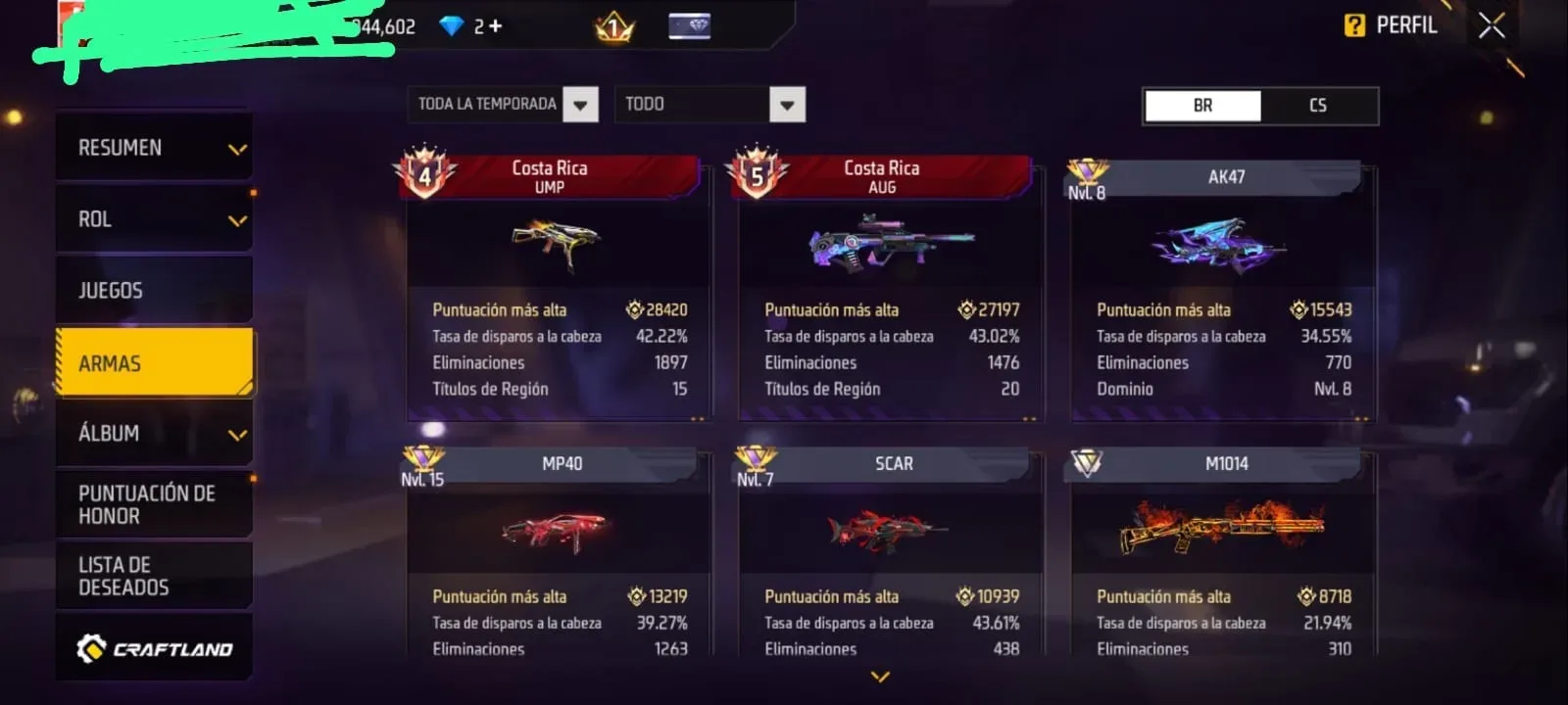 Cuenta de freefire completa PRIME 6 13 evolutivas lvl3 en adelante top emblemas de armas,ex top global,+35 pases elite,etctc — Free Fire image 3