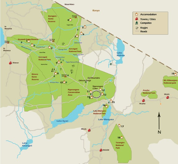 Map of Tanzania's northern safari circuit showing Tarangire, Ngorongoro, and Serengeti National Park