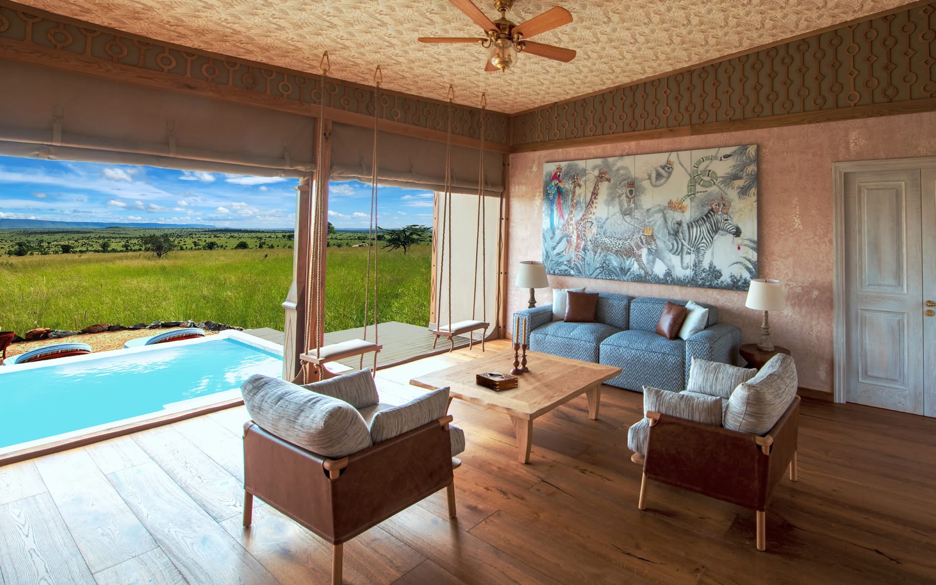 Luxury safari lodge living area with open views of the Serengeti plains and private pool