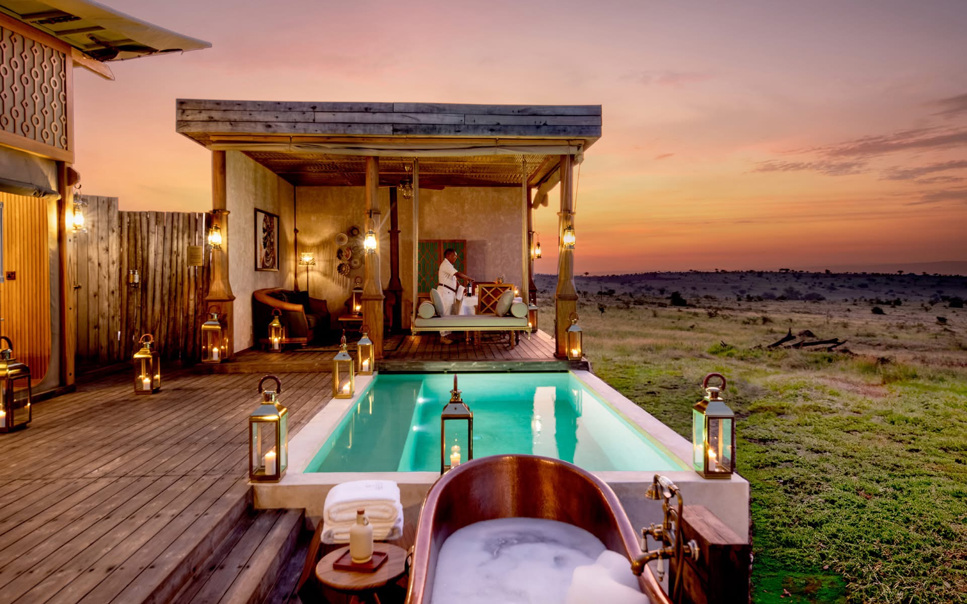 Luxury safari camp at sunset in the Serengeti