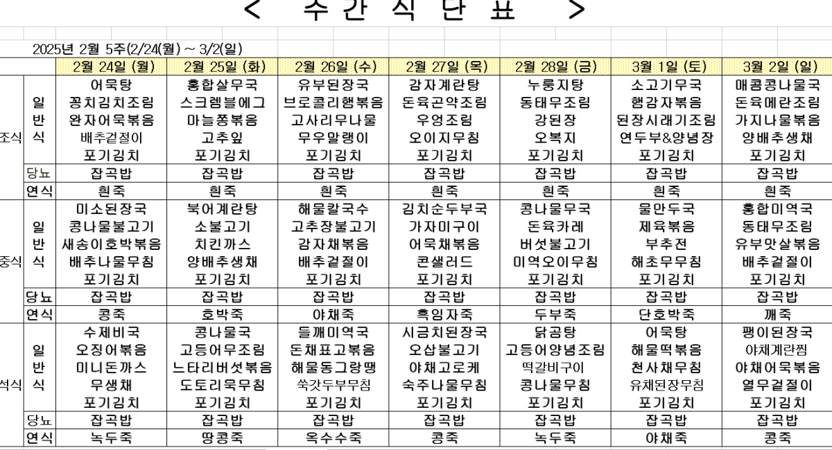 2025년 2월 5주차 식단표