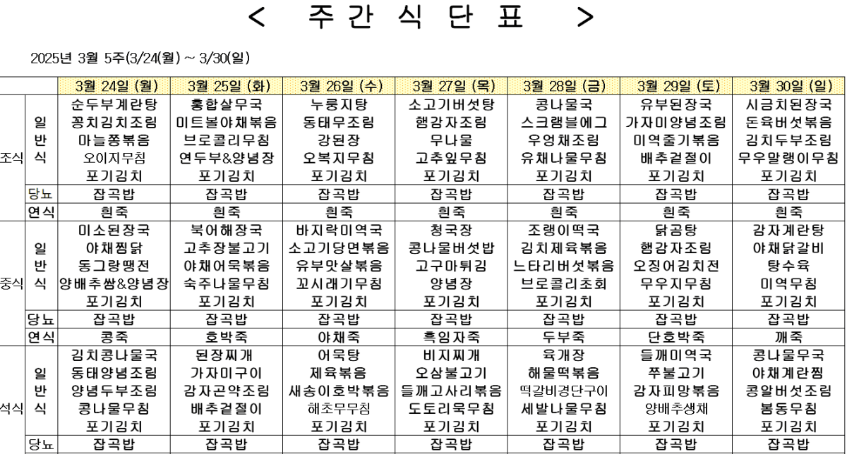 	2025년 3월 4주차 식단표
