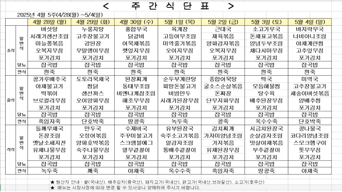 2025년 4월 5주차 식단표