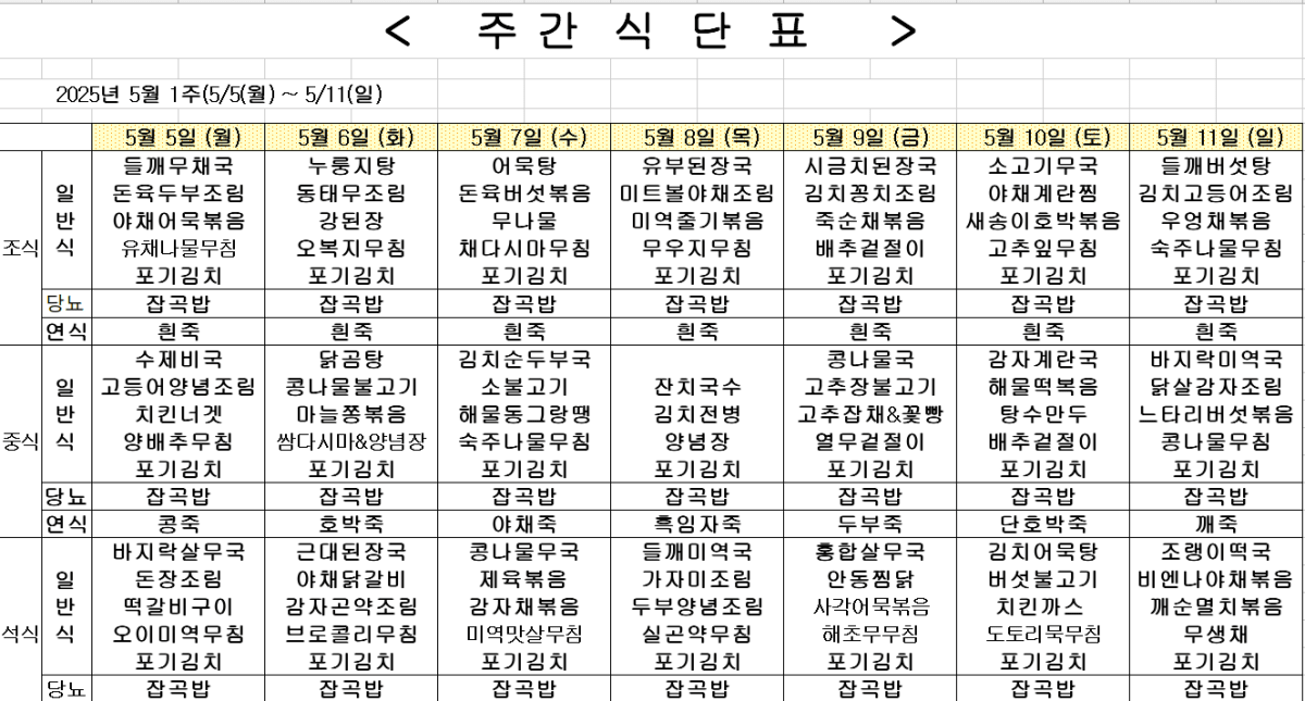 	2025년 5월 1주차 식단표
