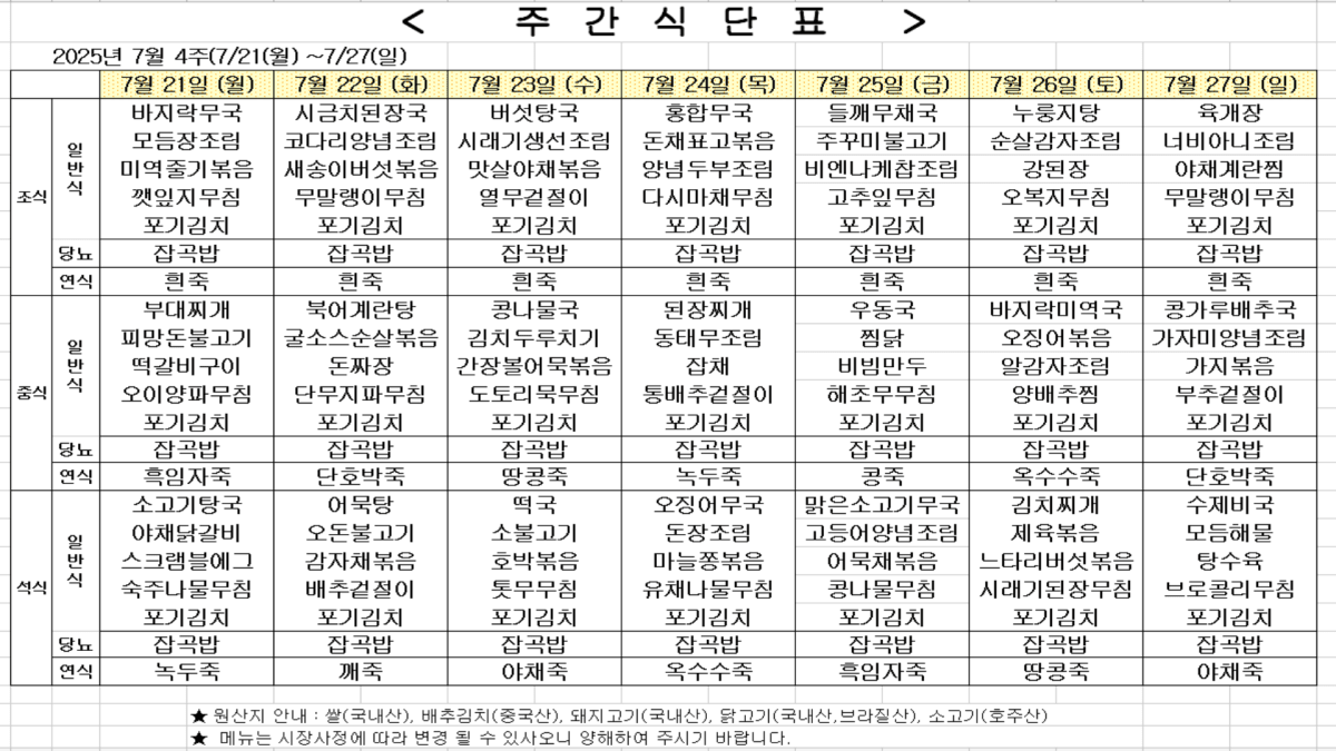 2025년 7월 4주차 식단표