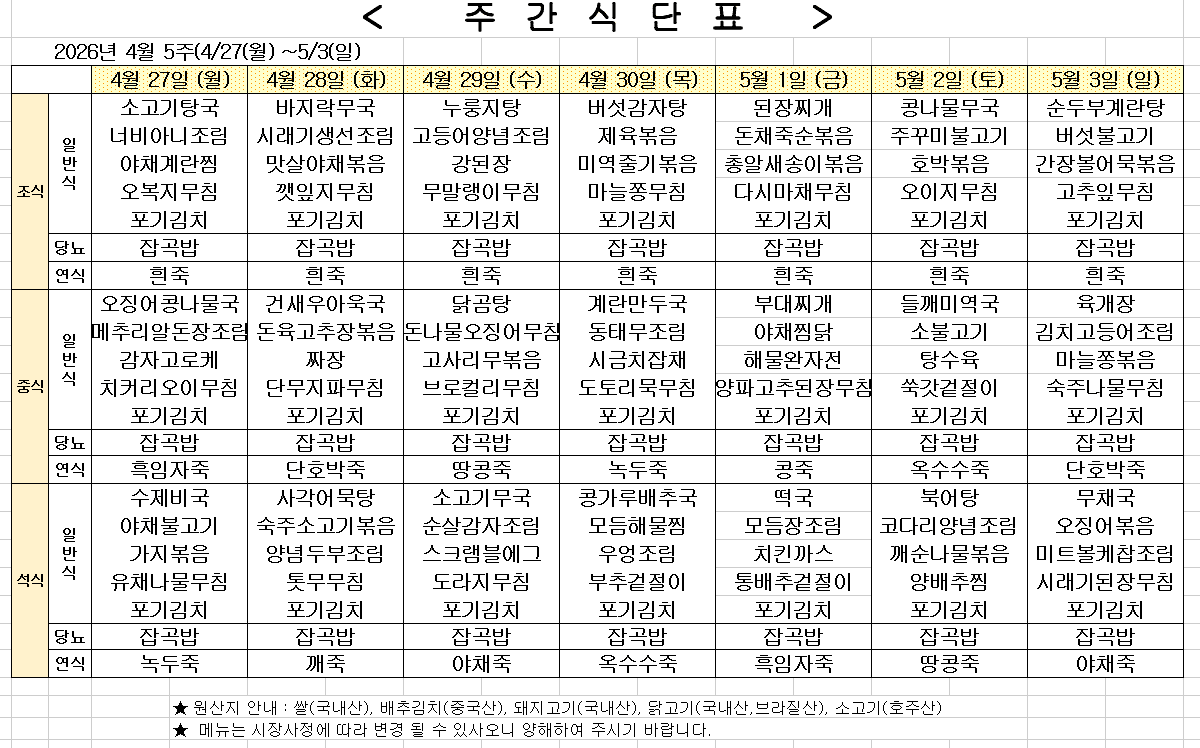 2026년 4월 5주차 식단표