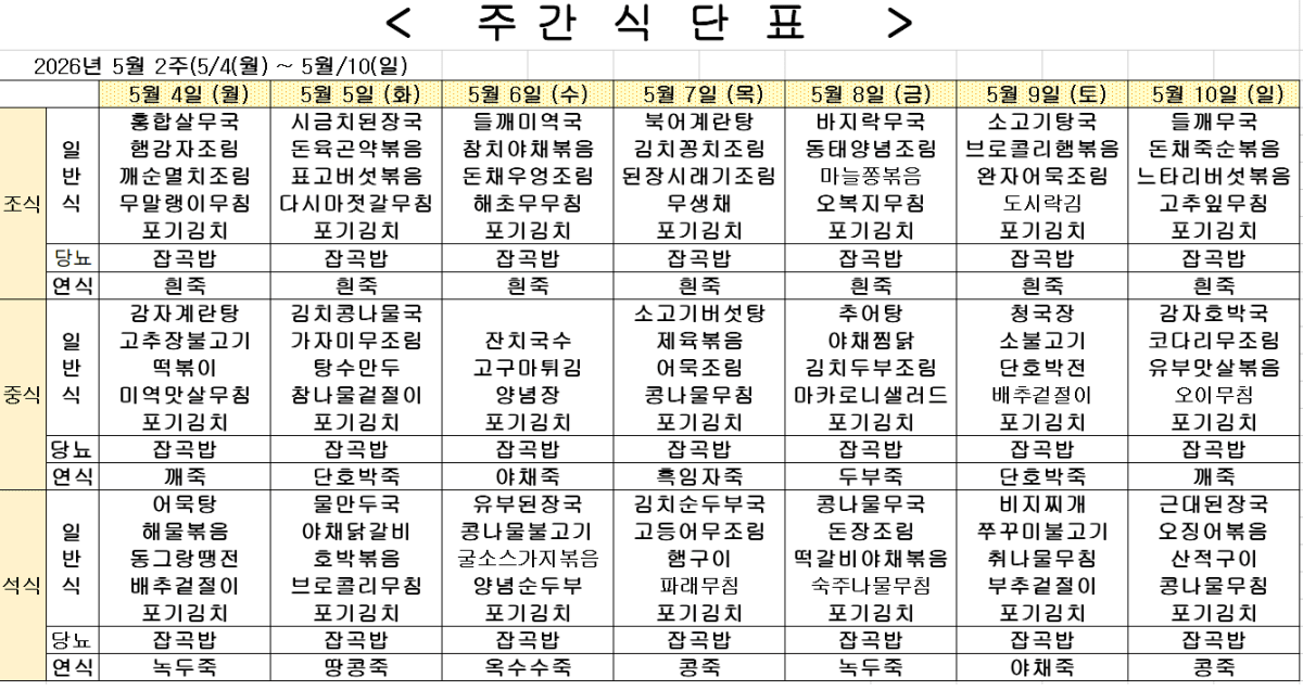 2026년 5월 1주차 식단표