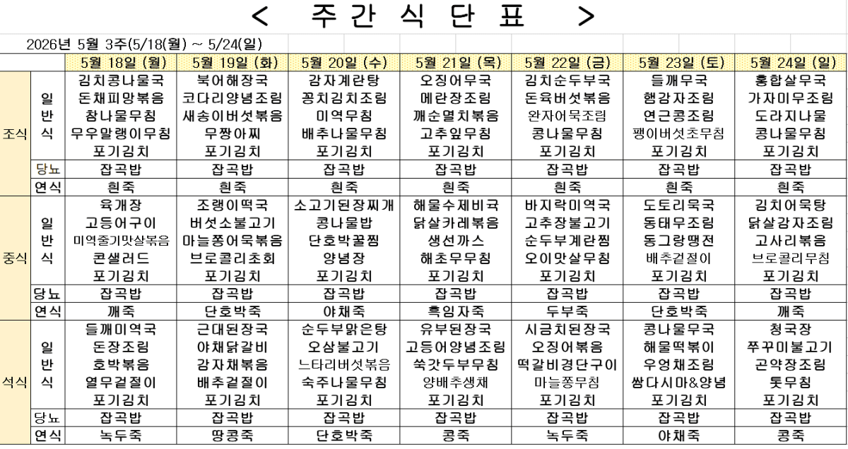 2026년 5월 3주차 식단표