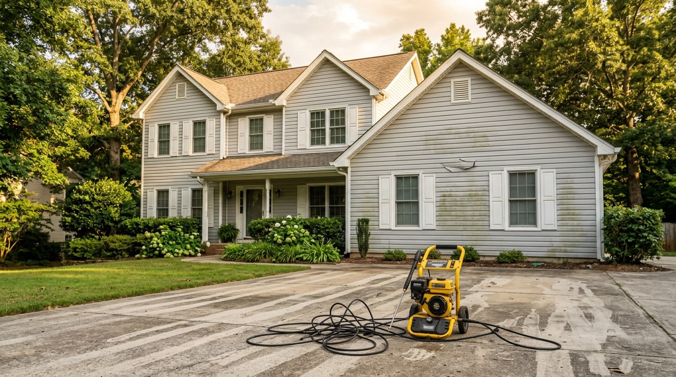 Rental pressure washer on a striped driveway in front of a Marietta two-story with streaked, half-cleaned vinyl siding