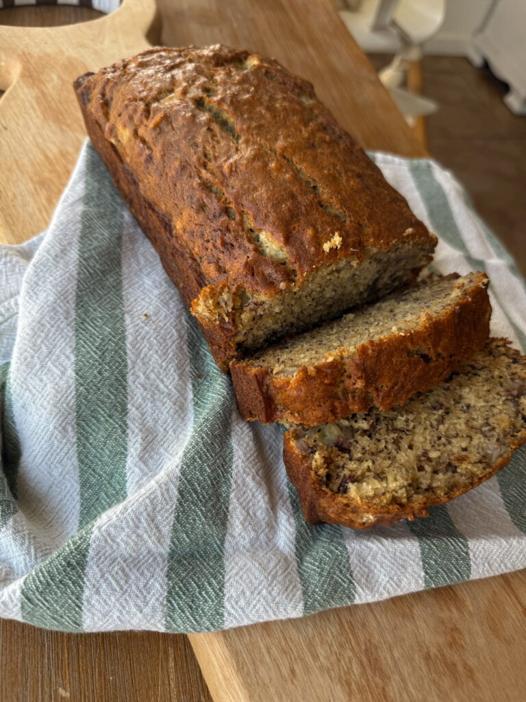 Sliced banana bread with soft moist texture