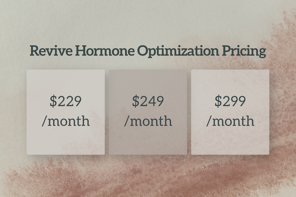 Revive hormone optimization pricing graphic showing monthly membership options of $229, $249, and $299.