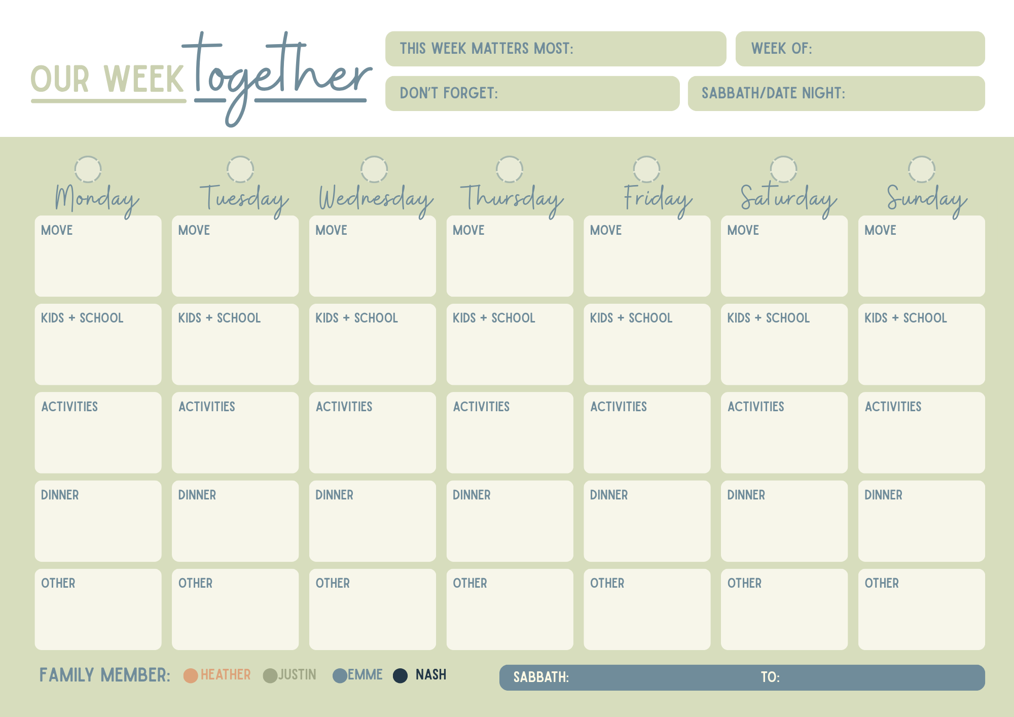 Free “Our Week, Together” weekly family planner with sections for movement, kids and school, activities, dinner, and other plans for each day, plus space for weekly priorities, reminders, Sabbath or date night, and family member color coding.
