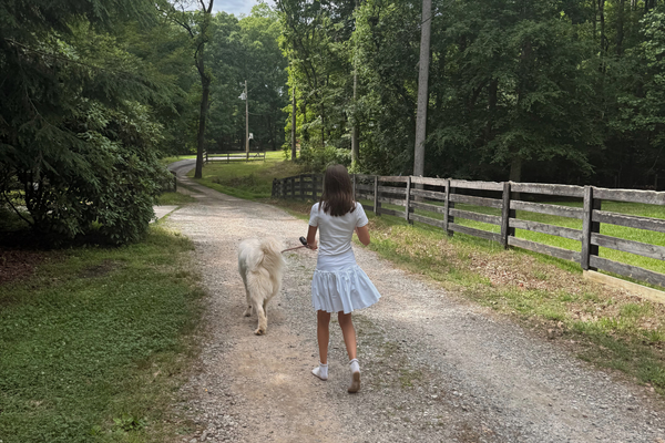 Girl walking a dog outdoors on a quiet path as part of simple everyday movement and stress support.