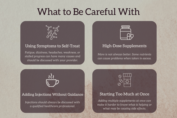 Educational graphic showing four things to consider during peptide therapy, including adding too much at once, self-treating symptoms, high-dose supplements, and injections without medical guidance.