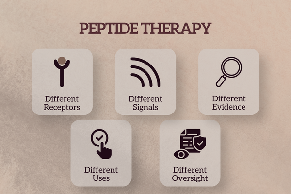 Infographic showing that peptide therapies can differ in receptors, signaling, evidence, uses, and medical oversight.