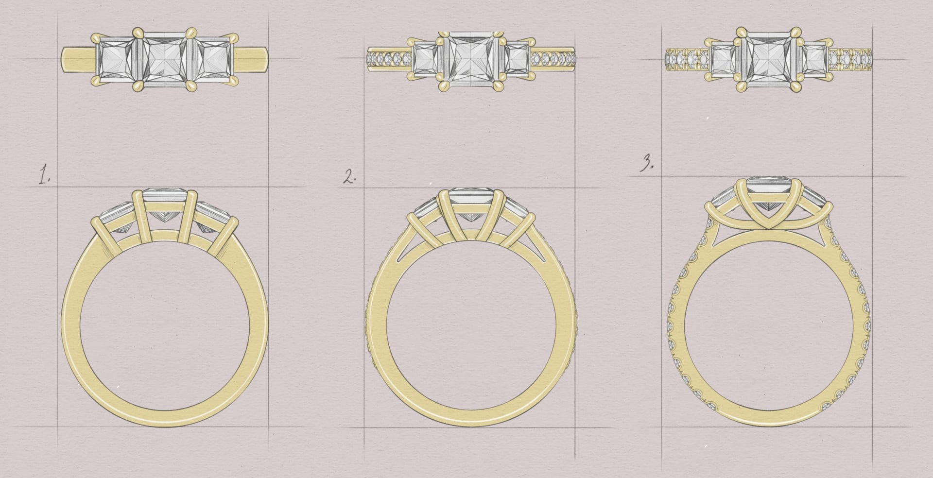 Three stone Princess Cut with yellow gold band.jpg