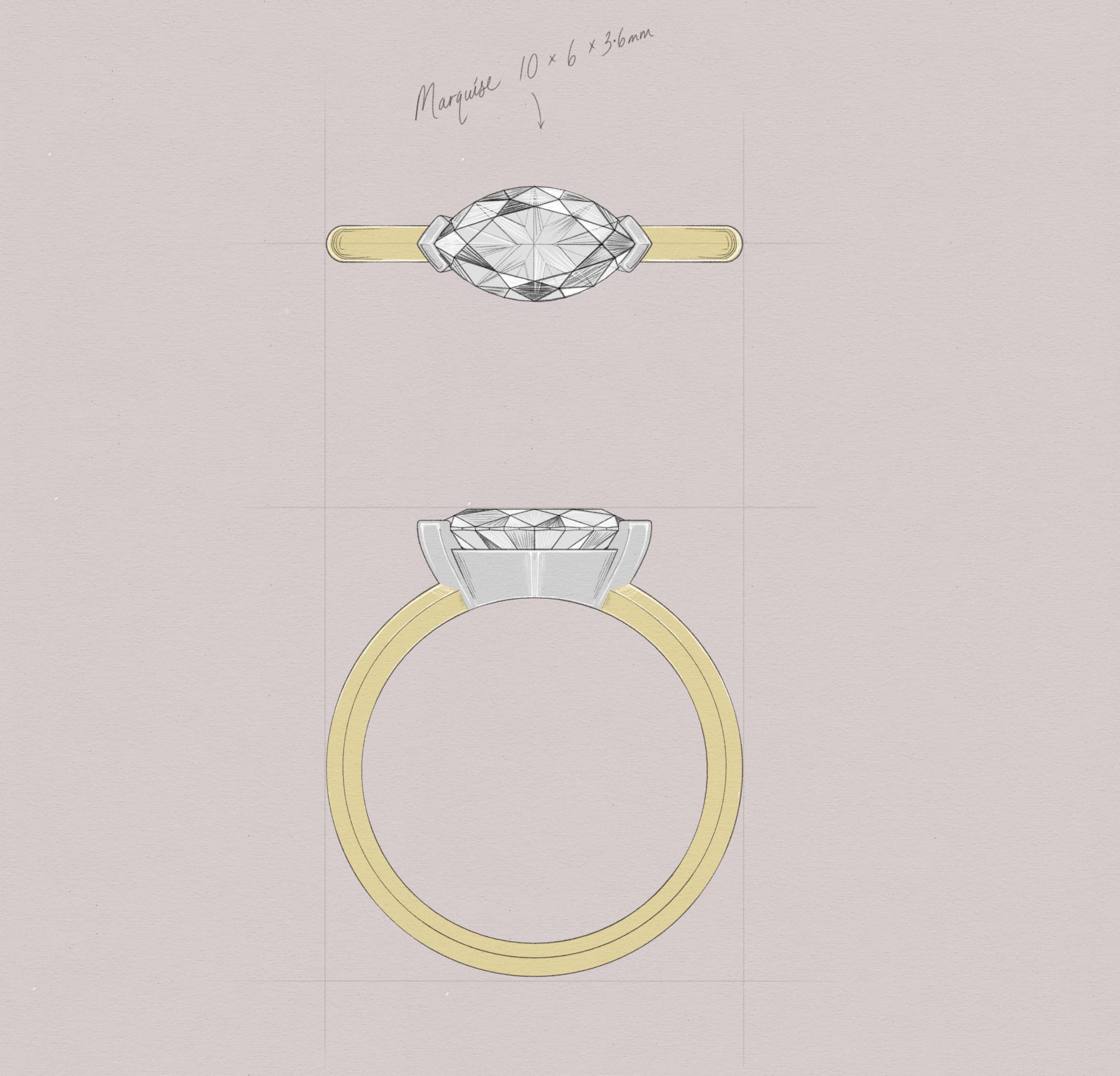 East-West Marquise Cut Diamond in a yellow gold band