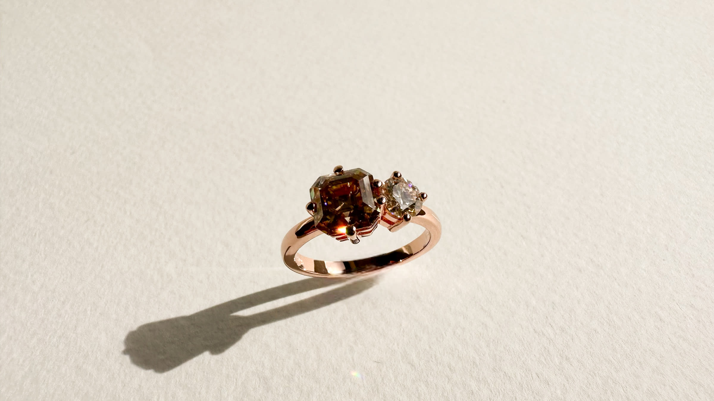 Toi et Moi Champagne Asscher and White Round Diamond in Rose Gold Band