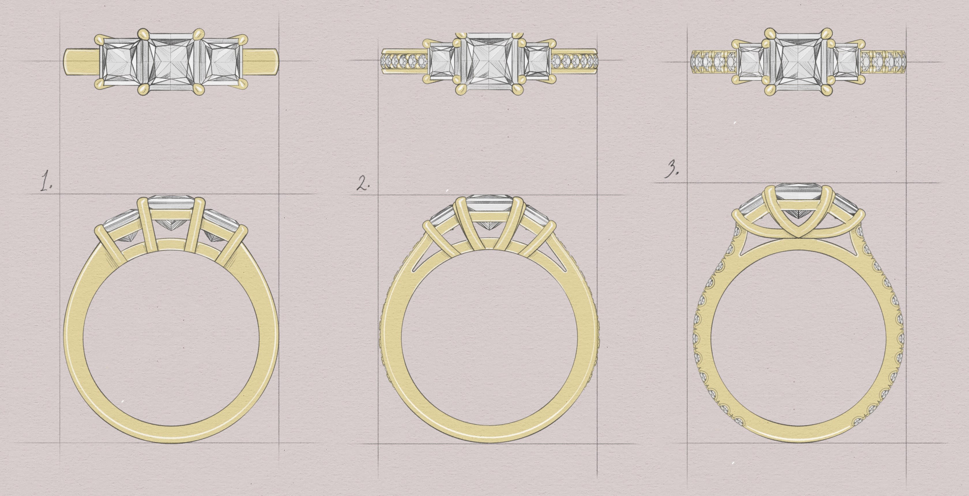 Princess Three Stone Sketch Variations