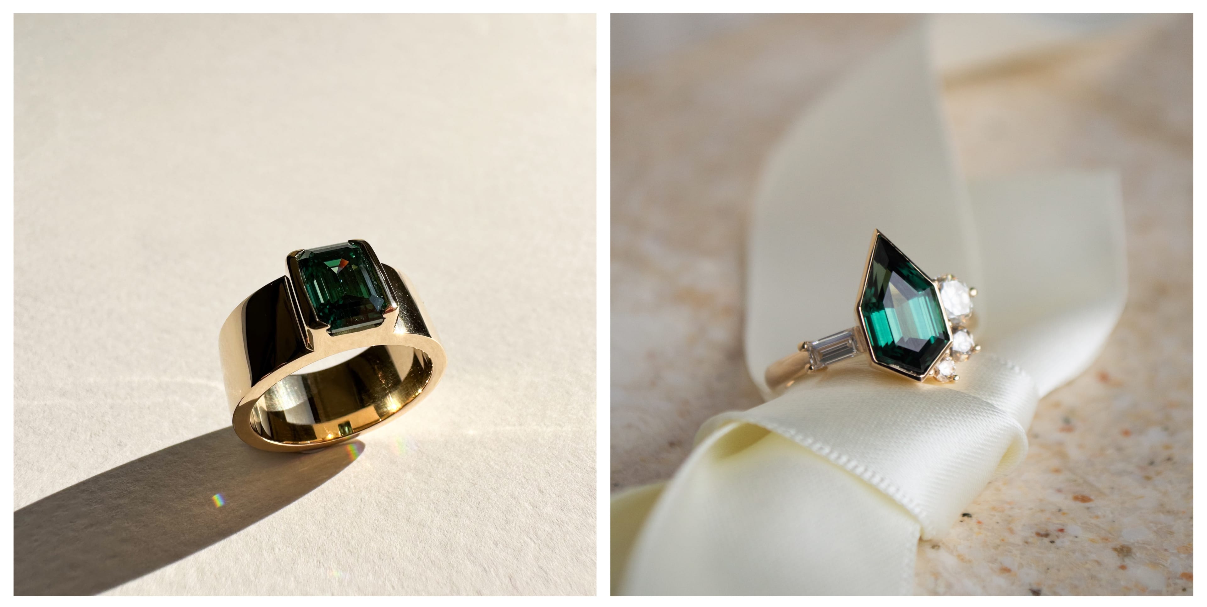 Custom emerald engagement rings in full bezel