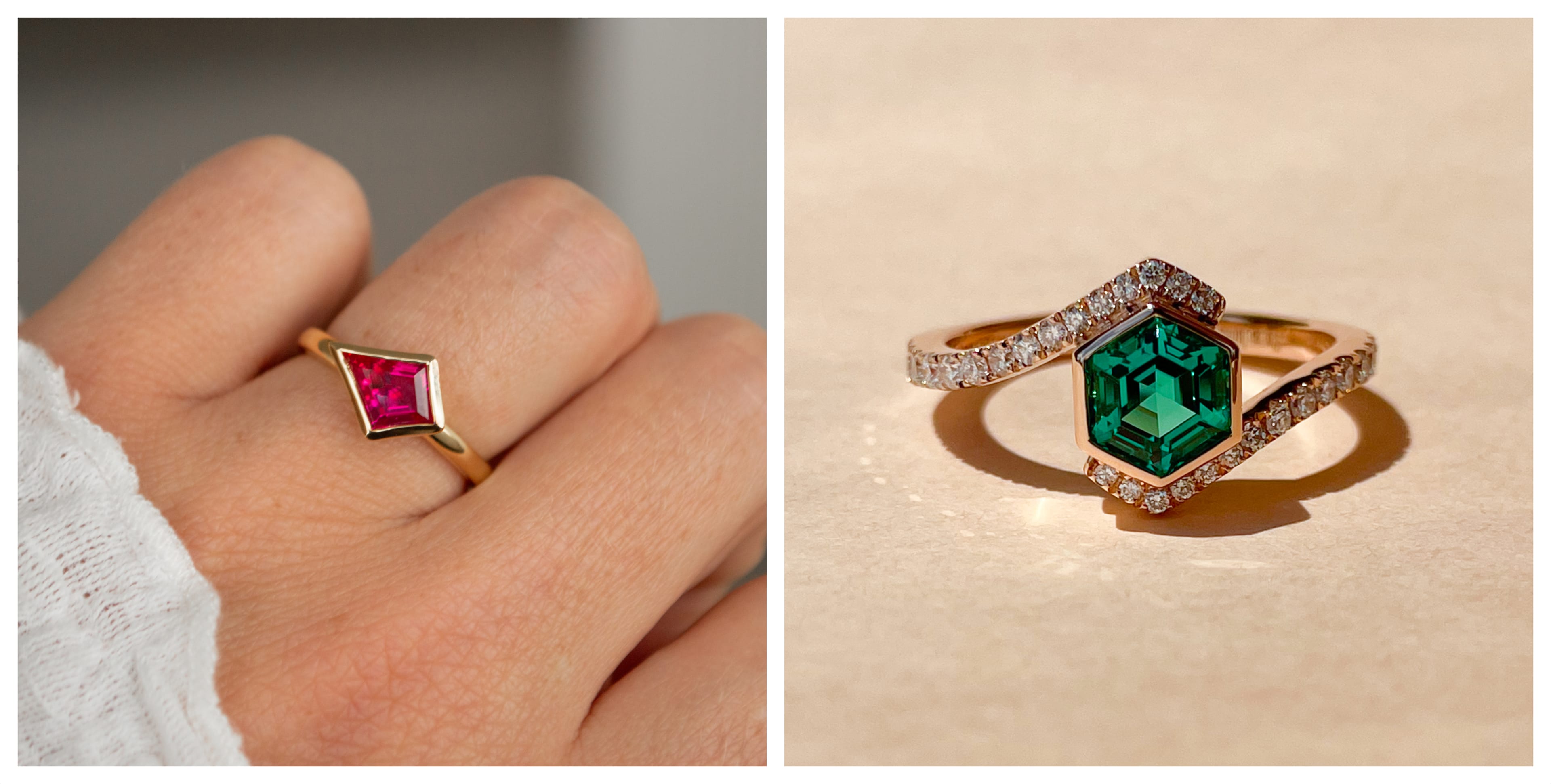 Custom ruby and emerald engagement rings