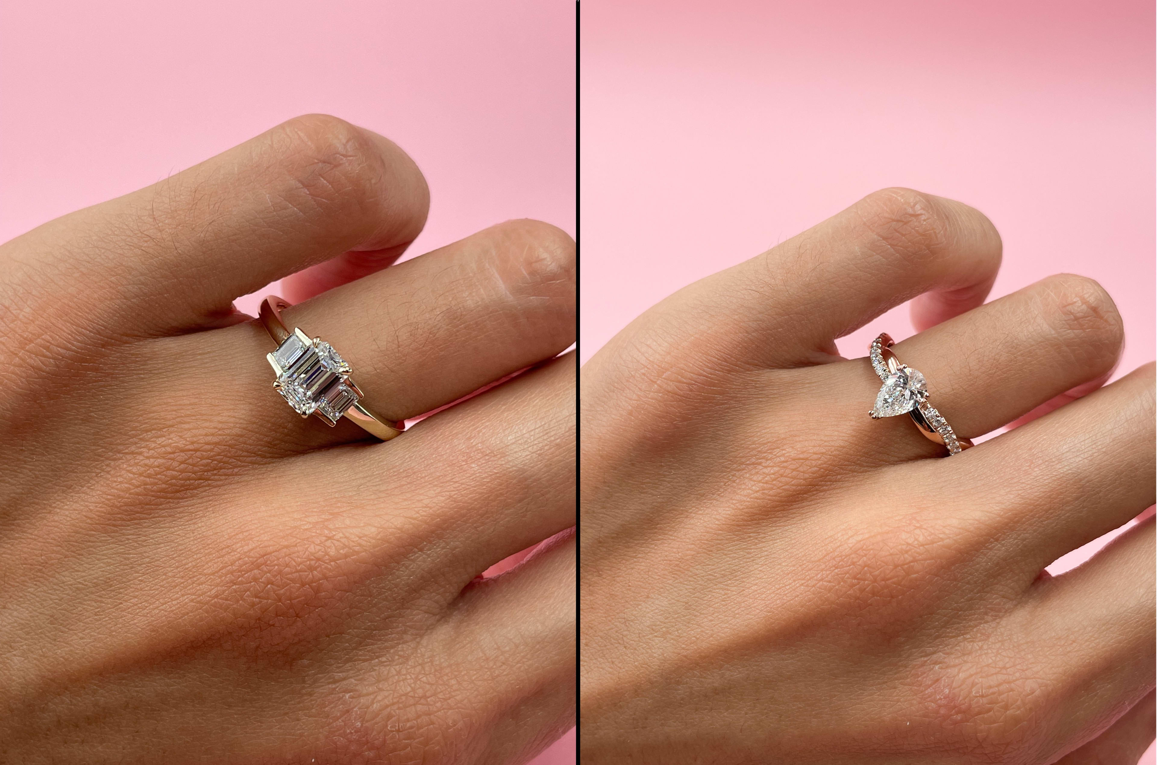 Three stone emerald cut engagement ring vs solitaire pear cut diamond engagement ring finger coverage