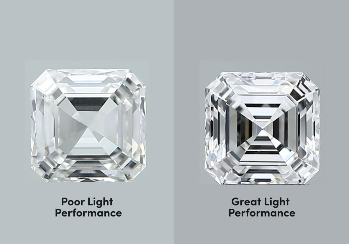 Asscher diamonds with the same grade but different light performance