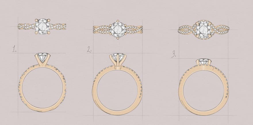 Three Variants of expressing a spiral inspiried engagement ring