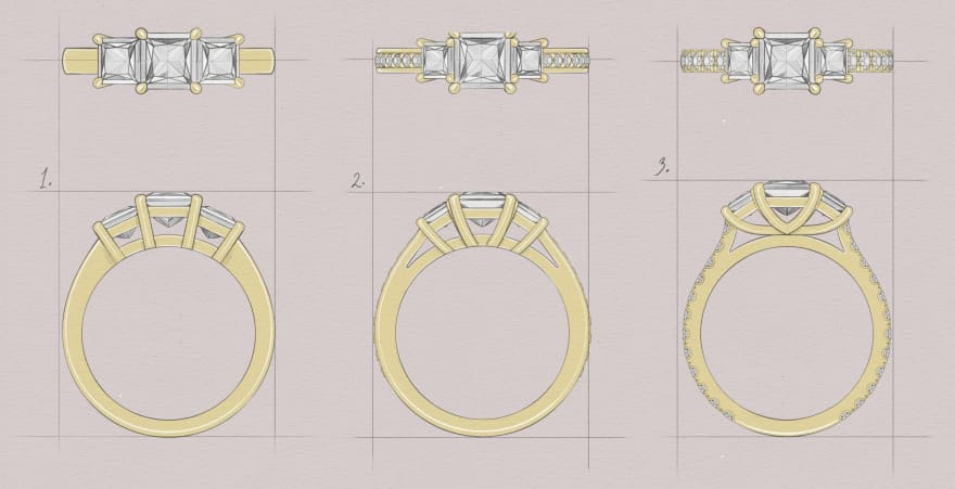 Three stone Princess Cut with yellow gold band.jpg