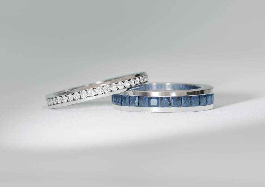 Channel Set Pave Eternity Band with Diamonds and Blue Sapphires