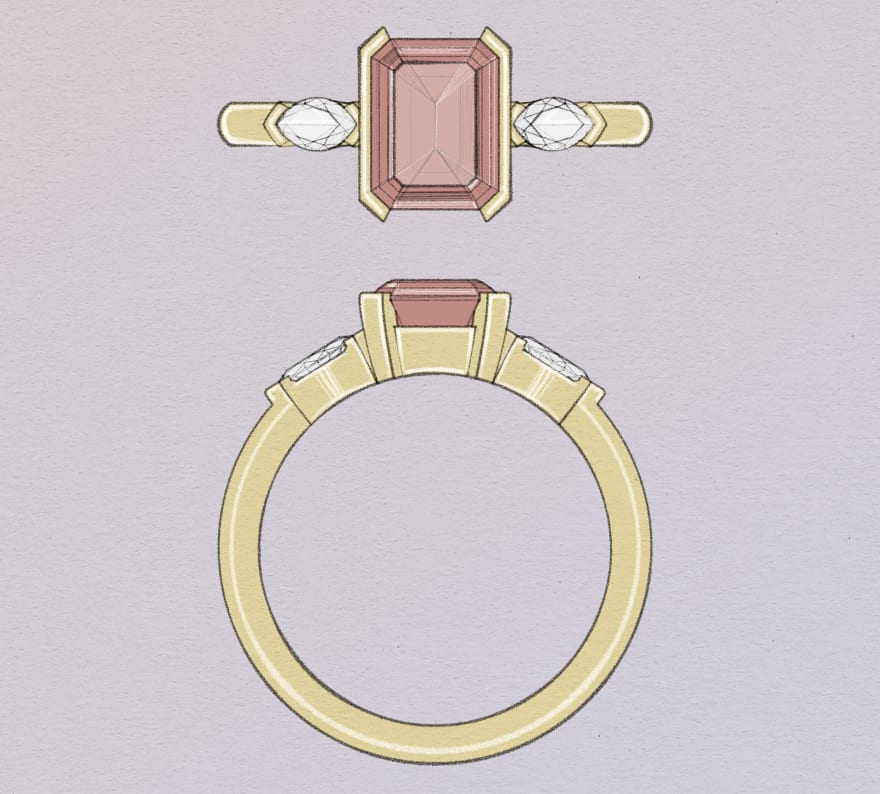 Emerald Cut Ruby with half bezels with two accenting Marquise Diamonds in a yellow gold band