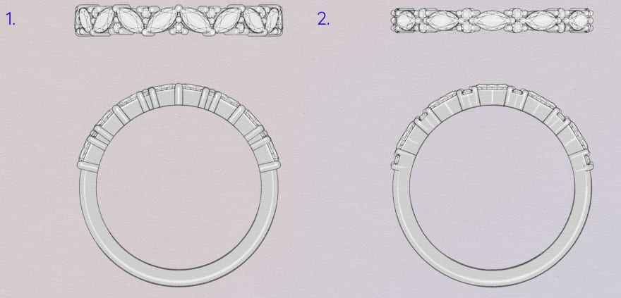 Half eternity bands featuring Marquise and Round Cut diamonds in a platinum band