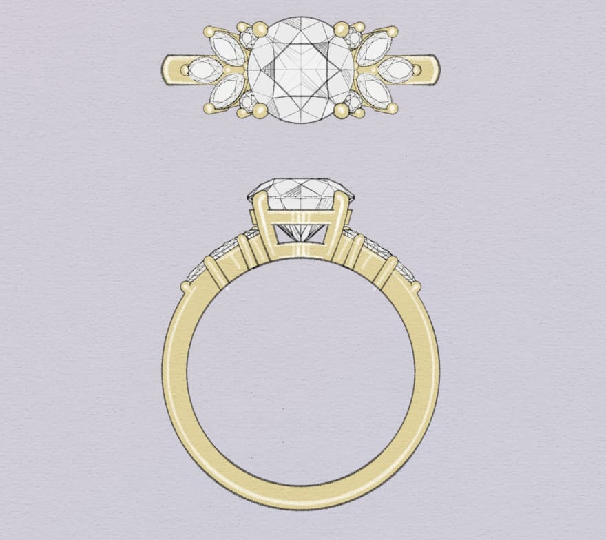 Round cut centre diamond with accenting marquise diamonds in a gold band