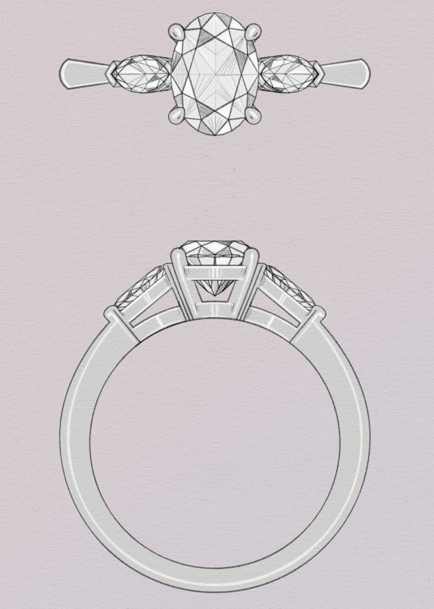 Three stone diamond engagement ring Oval centre with two Marquise Diamonds in a Platinum band 