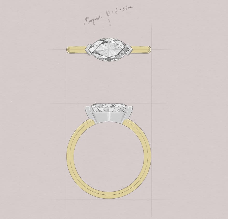 East-West Marquise Cut Diamond in a yellow gold band