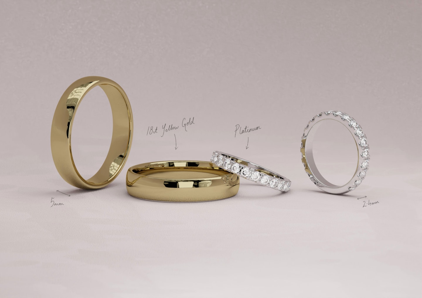 A pair of matching wedding bands, annotated 